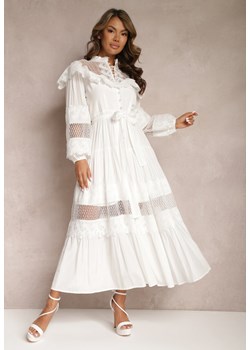 Biała Maxi Koronkowa Sukienka o Rozkloszowanym Kroju z Paskiem i Falbankami Lashana ze sklepu Renee odzież w kategorii Sukienki - zdjęcie 167643640
