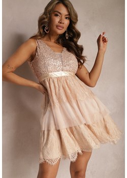 Beżowa Tiulowa Sukienka Mini z Cekinami Jophiela ze sklepu Renee odzież w kategorii Sukienki - zdjęcie 167643660