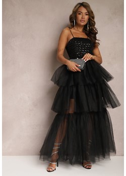 Czarna Wieczorowa Sukienka Maxi Ozdobiona Cekinami i Falbankami z Tiulu Neptina ze sklepu Renee odzież w kategorii Sukienki - zdjęcie 167646054
