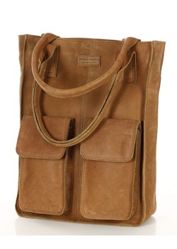 Torebka z kieszonkami skórzana dobrze zorganizowany shopper - MARCO MAZZINI brąz camel ze sklepu Verostilo w kategorii Torby Shopper bag - zdjęcie 167686174