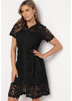 Czarna Ażurowa Sukienka Koszulowa Midi z Wiązanym Paskiem Pamy ze sklepu Born2be Odzież w kategorii Sukienki - zdjęcie 167756064