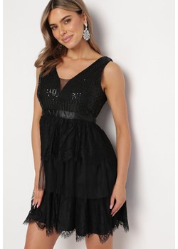 Czarna Rozkloszowana Sukienka Mini z Tiulowym Dołem i Cekinami Uriella ze sklepu Born2be Odzież w kategorii Sukienki - zdjęcie 167756071