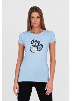 GUESS Niebieski t-shirt z printem i cyrkoniami, Wybierz rozmiar XL ze sklepu outfit.pl w kategorii Bluzki damskie - zdjęcie 167757812