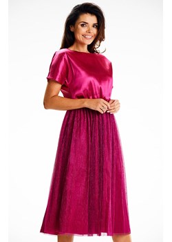 Sukienka elegancka fuksjowa midi z krótkim rękawem A627, Kolor fuksja, Rozmiar L, Awama ze sklepu Primodo w kategorii Sukienki - zdjęcie 167771153