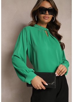 Zielona Bluzka w Cyrkonie z Ozdobnym Wycięciem Klezorfa ze sklepu Renee odzież w kategorii Bluzki damskie - zdjęcie 167843944