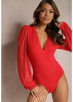 Czerwone Kopertowe Body z Bawełny z Siateczką na Rękawach Twistra ze sklepu Renee odzież w kategorii Bluzki damskie - zdjęcie 167844074
