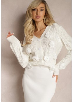 Biały Kardigan z Wełną Ozdobiony Różami i Cyrkoniami Linnette ze sklepu Renee odzież w kategorii Swetry damskie - zdjęcie 167857483