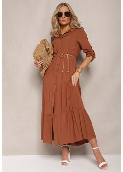 Ciemnobrązowa Koszulowa Sukienka Maxi z Bawełny Junira ze sklepu Renee odzież w kategorii Sukienki - zdjęcie 167886141