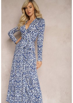 Niebiesko-Biała Taliowana Sukienka Maxi z Paskiem i Kopertowym Dekoltem Anetil ze sklepu Renee odzież w kategorii Sukienki - zdjęcie 167886600