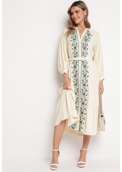 Beżowa Rozkloszowana Sukienka Midi z Ozdobnymi Haftami i Falbankami Polyra ze sklepu Born2be Odzież w kategorii Sukienki - zdjęcie 167957522