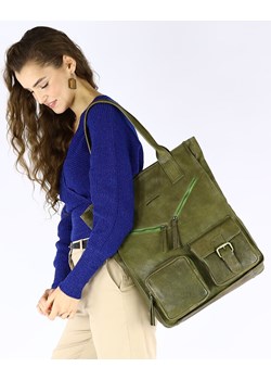 Torba shopper XXL z kieszeniami skóra naturalna - MARCO MAZZINI zielony ze sklepu Verostilo w kategorii Torby Shopper bag - zdjęcie 168118981