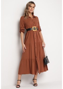 Ciemnobrązowa Rozkloszowana Sukienka Maxi z Bawełny w Koszulowym Stylu Onecca ze sklepu Born2be Odzież w kategorii Sukienki - zdjęcie 168151973