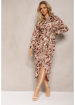 Brązowa Satynowa Sukienka Midi o Koszulowym Fasonie z Paskiem i Ozdobnym Wzorem Naseli ze sklepu Renee odzież w kategorii Sukienki - zdjęcie 168152983
