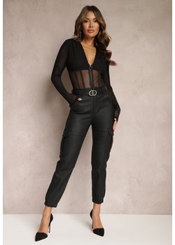 Czarne Spodnie Cargo z Ekoskóry ze Ściągaczem Selani ze sklepu Renee odzież w kategorii Spodnie damskie - zdjęcie 168153032