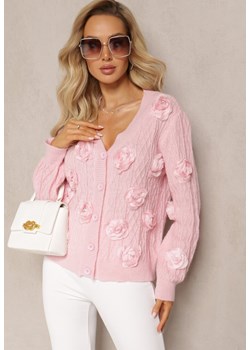 Różowy Kardigan z Wełną Ozdobiony Różami i Cyrkoniami Linnette ze sklepu Renee odzież w kategorii Swetry damskie - zdjęcie 168157890