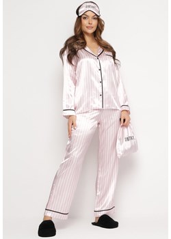 Różowy Satynowy Komplet Piżamowy 5-Częściowy Koszula Długie Spodnie Top Spodenki oraz Opaska na Oczy z Woreczkiem Aloena ze sklepu Born2be Odzież w kategorii Piżamy damskie - zdjęcie 168208990