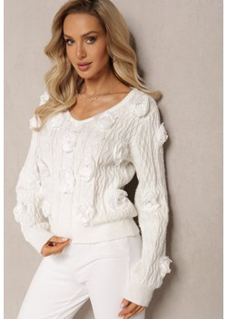 Biały Sweter z Aplikacjami w Kształcie Kwiatów z Cyrkoniami z Wełną Oraile ze sklepu Renee odzież w kategorii Swetry damskie - zdjęcie 168209073