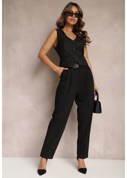 Czarne Szerokie Spodnie Garniturowe Ozdobione Paskiem z Klamrą Aniref ze sklepu Renee odzież w kategorii Spodnie damskie - zdjęcie 168209081