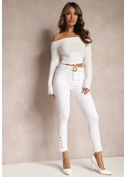 Białe Dopasowane Jeansy z Postrzępionymi Nogawkami i Guzikami Venissa ze sklepu Renee odzież w kategorii Jeansy damskie - zdjęcie 168209250