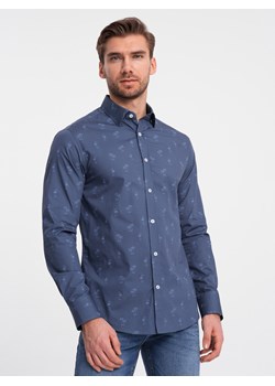 Klasyczna męska bawełniana koszula SLIM FIT w palmy - ciemnoniebieska V5 OM-SHCS-0156 ze sklepu ombre w kategorii Koszule męskie - zdjęcie 168212203
