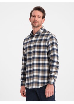 Klasyczna flanelowa męska koszula bawełniana w kratę - brązowo-granatowa V1 OM-SHCS-0157 ze sklepu ombre w kategorii Koszule męskie - zdjęcie 168212221