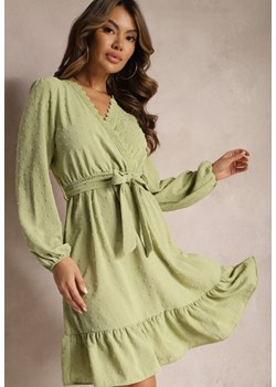 Zielona Mini Sukienka Rozkloszowana z Paskiem Materiałowym z Tkaniny Plumeti Digia ze sklepu Renee odzież w kategorii Sukienki - zdjęcie 168215380