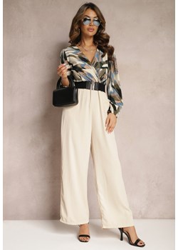 Beżowy Kopertowy Kombinezon z Paskiem i Szerokimi Spodniami Nittama ze sklepu Renee odzież w kategorii Kombinezony damskie - zdjęcie 168250131