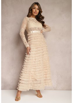 Jasnobeżowa Koronkowa Sukienka Maxi o Rozkloszowanym Kroju z Tiulowymi Falbankami Sivina ze sklepu Renee odzież w kategorii Sukienki - zdjęcie 168250180