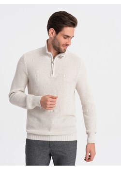 Sweter męski dzianinowy z rozpinaną stójką - kremowy V1 OM-SWZS-0105 ze sklepu ombre w kategorii Swetry męskie - zdjęcie 168253744