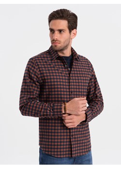 Koszula męska flanelowa w kratę - granatowo-ceglasta V6 OM-SHCS-0150 ze sklepu ombre w kategorii Koszule męskie - zdjęcie 168253750
