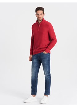 Męski dzianinowy sweter z rozpinaną stójką - czerwony V8 OM-SWZS-0105 ze sklepu ombre w kategorii Swetry męskie - zdjęcie 168253773