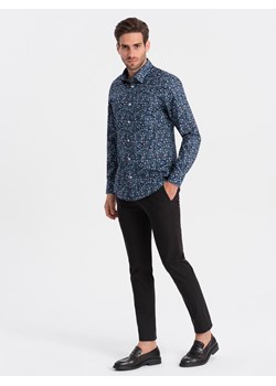Męska koszula bawełniana we wzory SLIM FIT - ciemnoniebieska V1 OM-SHCS-0151 ze sklepu ombre w kategorii Koszule męskie - zdjęcie 168270433