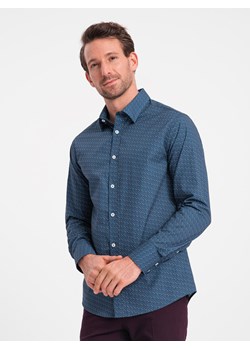 Bawełniana koszula męska we wzory SLIM FIT - niebieska V4 OM-SHCS-0151 ze sklepu ombre w kategorii Koszule męskie - zdjęcie 168270463