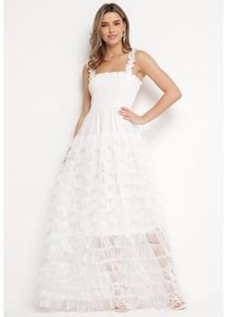 Biała Długa Sukienka Koktajlowa z Tiulowym Dołem i Falbankami Bonnella ze sklepu Born2be Odzież w kategorii Sukienki - zdjęcie 168279344