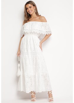 Biała Ażurowa Sukienka Hiszpanka Maxi z Bawełny Ozdobiona Koronką Bimiosa ze sklepu Born2be Odzież w kategorii Sukienki - zdjęcie 168279434