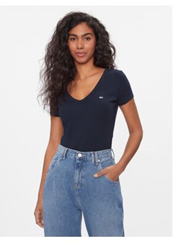 Tommy Jeans T-Shirt Tjw Slim Essential Rib V Ss DW0DW17385 Granatowy Slim Fit ze sklepu MODIVO w kategorii Bluzki damskie - zdjęcie 168508890