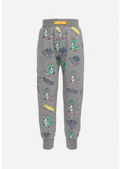Ciemnoszare Dresowe Spodnie z Gumką w Pasie i Ozdobnym Nadrukiem w Dinozaury Dianare ze sklepu Born2be Odzież w kategorii Spodnie chłopięce - zdjęcie 168701931
