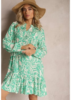 Zielona Rozkloszowana Sukienka Mini z Wiskozy w Koszulowym Stylu z Motywem Natury Berdia ze sklepu Renee odzież w kategorii Sukienki - zdjęcie 168705511
