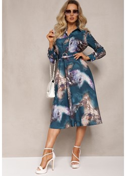 Ciemnozielona Rozkloszowana Sukienka Midi z Paskiem z Klamrą Qirvina ze sklepu Renee odzież w kategorii Sukienki - zdjęcie 168776021