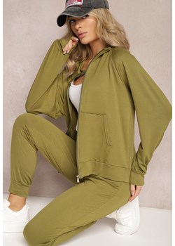 Ciemnozielony Komplet Dresowy z Bawełny Dresowe Spodnie i Bluza z Golfem na Suwak Sufinia ze sklepu Renee odzież w kategorii Dresy damskie - zdjęcie 168814620