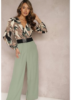 Zielono-Beżowy Kopertowy Kombinezon z Paskiem i Szerokimi Spodniami Nittama ze sklepu Renee odzież w kategorii Kombinezony damskie - zdjęcie 168814671