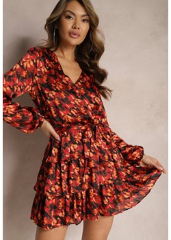 Czerwono-Pomarańczowa Kopertowa Sukienka Ozdobiona Falbankami i Abstrakcyjnym Wzorem Savonia ze sklepu Renee odzież w kategorii Sukienki - zdjęcie 168814701