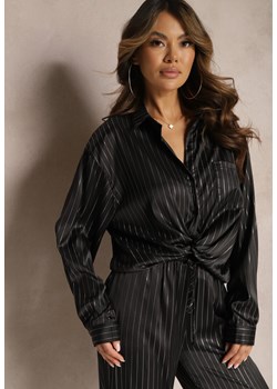 Czarna Satynowa Koszula na Guziki Ozdobiona Paskami z Metalicznej Nici Jovenna ze sklepu Renee odzież w kategorii Koszule damskie - zdjęcie 168814772