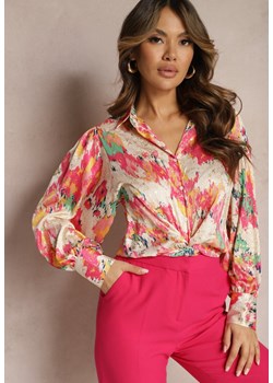 Beżowo-Różowa Koszula Ozdobiona Abstrakcyjnym Lekko Połyskującym Printem Xilene ze sklepu Renee odzież w kategorii Koszule damskie - zdjęcie 168814791