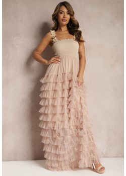 Beżowa Koktajlowa Sukienka Maxi z Tiulowymi Falbankami Amiusa ze sklepu Renee odzież w kategorii Sukienki - zdjęcie 168814821