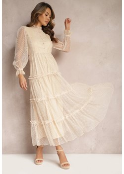Beżowa Tiulowa Sukienka Maxi ze Wstawkami z Koronki i Ozdobnymi Guzikami Aovena ze sklepu Renee odzież w kategorii Sukienki - zdjęcie 168814841