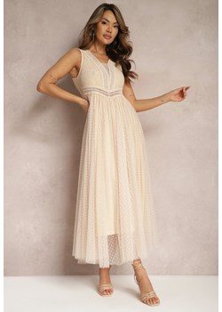 Beżowa Maxi Sukienka o Rozkloszowanym Kroju z Koronką i Tiulem Herdolia ze sklepu Renee odzież w kategorii Sukienki - zdjęcie 168814851