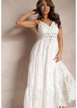 Biała Rozkloszowana Sukienka z Bawełny z Ażurowym Zdobieniem i Sznurkiem Aoralia ze sklepu Renee odzież w kategorii Sukienki - zdjęcie 168815212