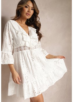 Biała Mini Sukienka z Bawełny Ozdobiona Haftami i Koronką Qirelia ze sklepu Renee odzież w kategorii Sukienki - zdjęcie 168815232