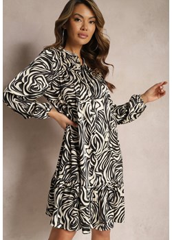 Czarno-Beżowa Rozkloszowana Sukienka Mini w Koszulowym Stylu z Falbanką i Ozdobnym Wzorem Bevina ze sklepu Renee odzież w kategorii Sukienki - zdjęcie 168815262